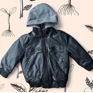 Black Hooded Faux Leather Jacket Kids